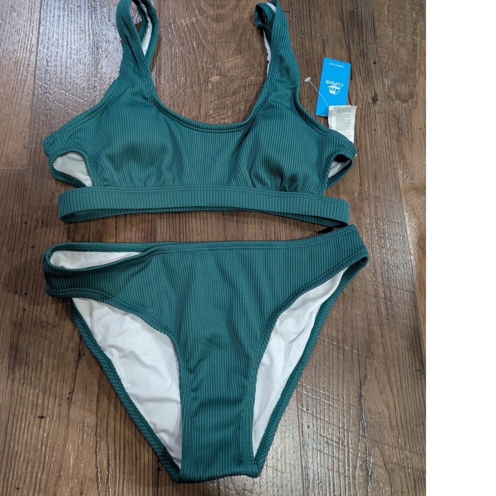 Cupshe Bikini Set Womens Size S Green New Ribbed Cutout Two Piece Swimsuit